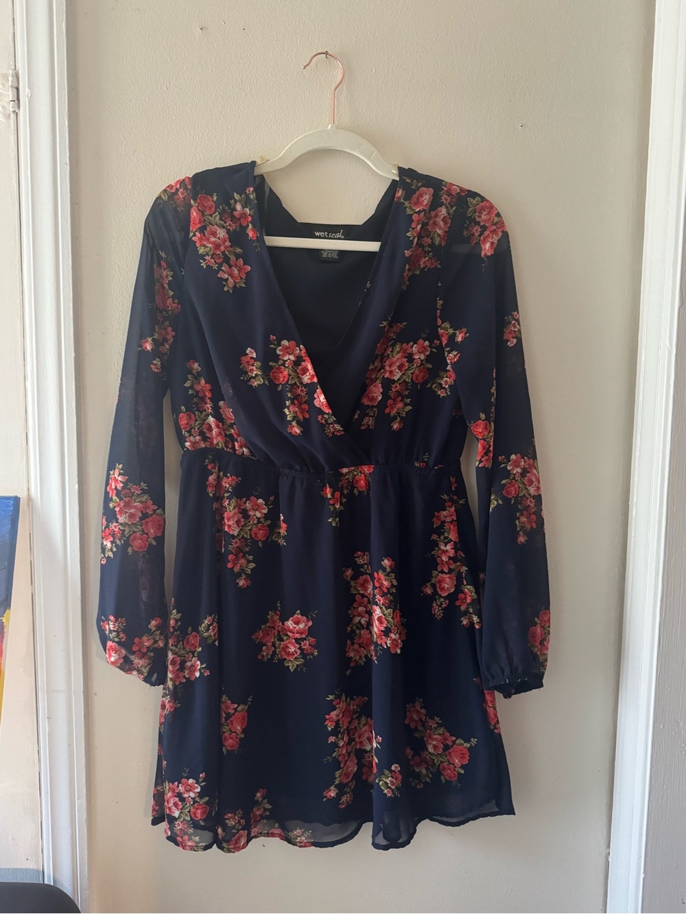 Wet Seal Navy Floral Wrap-Style Long Sleeve Dress